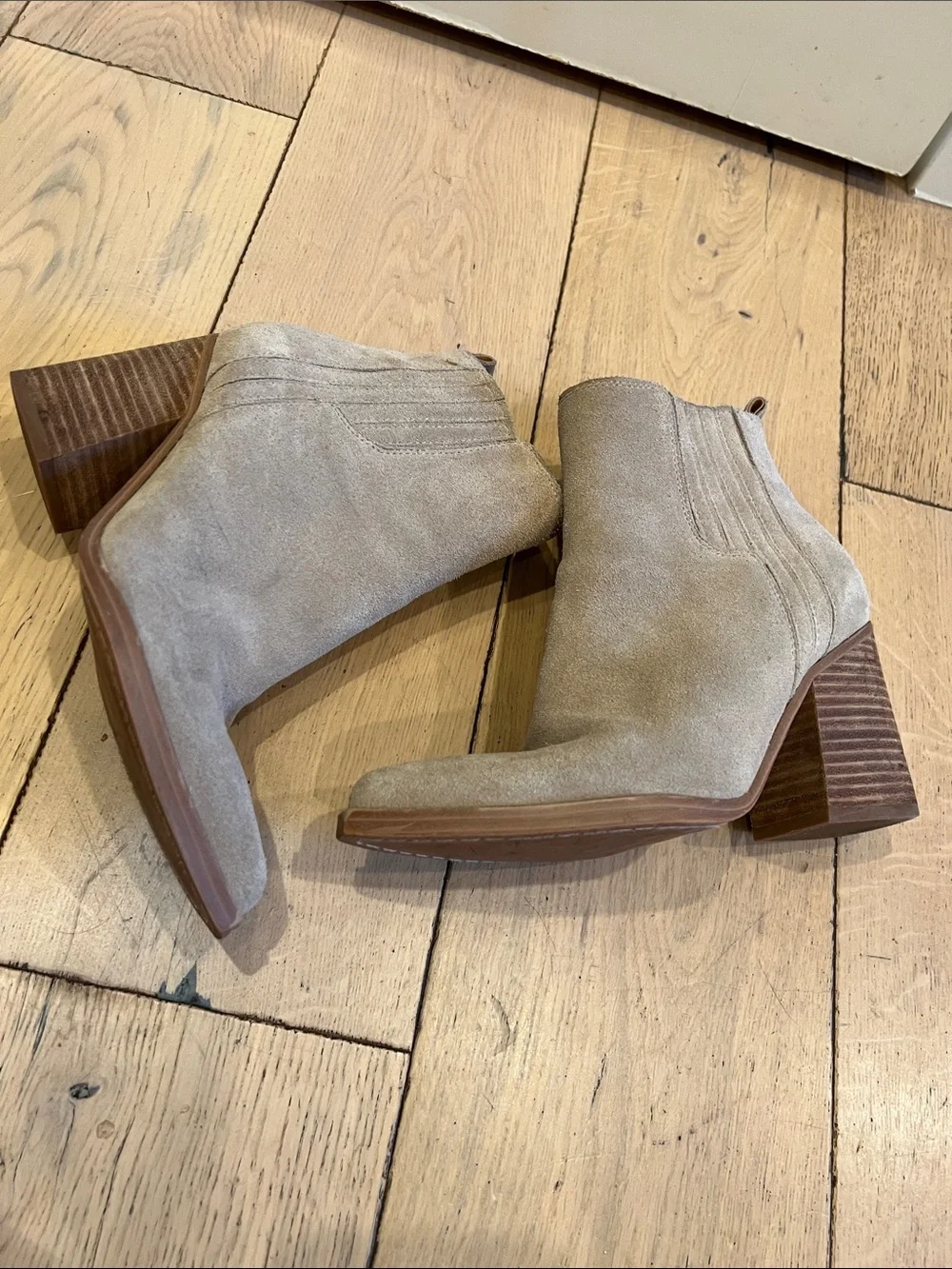 Marc Fisher Taupe Suede Pointed-Toe Block Heel Ankle Boots